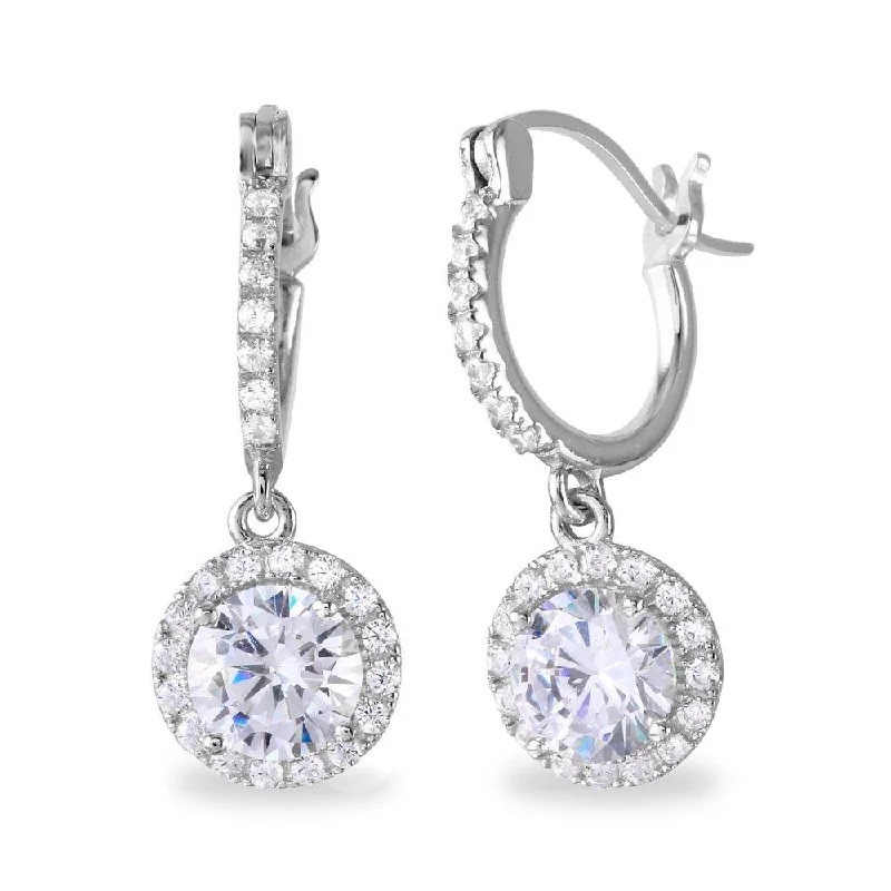 Rhodium Plated 925 Sterling Silver Dangling Micro Pave Round CZ huggie hoop Earrings - BGE00529