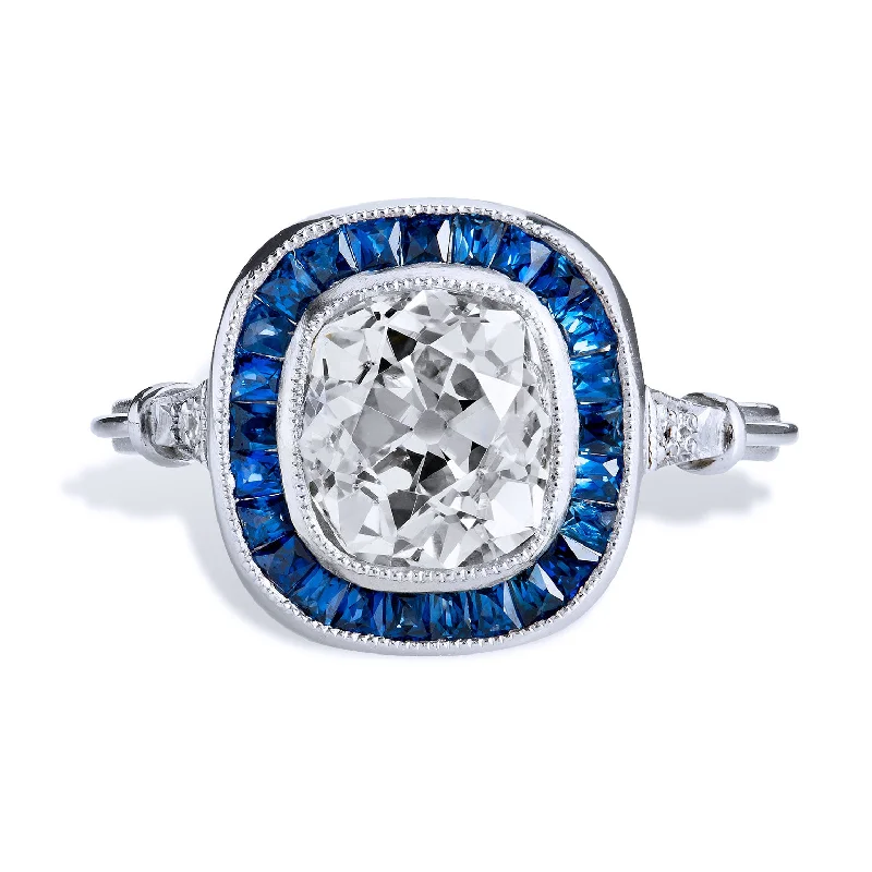 1.96 Carat Old Mine Cushion Cut Diamond and Sapphire Engagement Ring