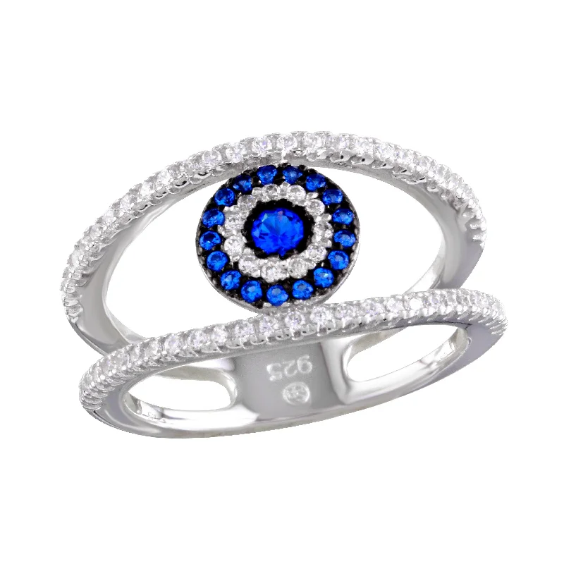 Rhodium Plated 925 Sterling Silver Evil Eye Ring with CZ - BGR01163