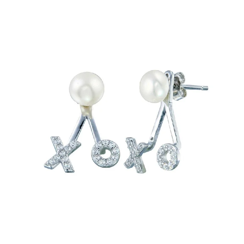 Rhodium Plated 925 Sterling Silver Pearl Hugs and Kisses Earring - STE01269