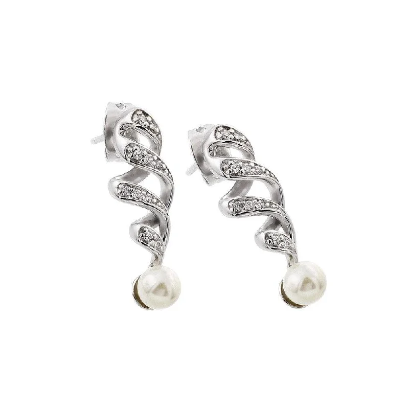 Silver 925 Rhodium Plated Clear CZ Pearl Twist Dangling Stud Earrings - BGE00399