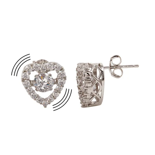 Rhodium Plated 925 Sterling Silver Heart-Shaped Dancing CZ Stud Earrings - STE01147