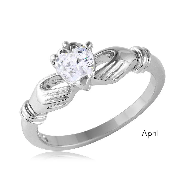 April Sterling Silver 925 Rhodium Plated CZ Center Birthstone Claddagh Ring - BGR01083APR