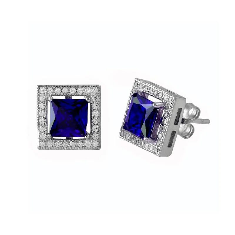 Rhodium Plated 925 Sterling Silver Blue Halo Square CZ Stud Earrings - BGE00632BLU