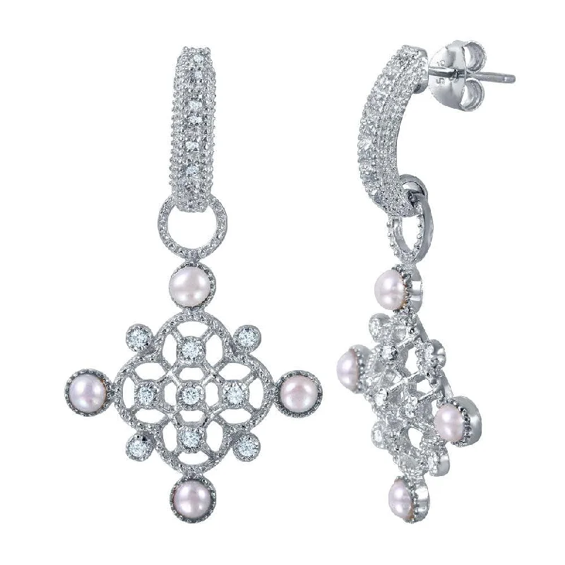 Silver 925 Rhodium Plated Ornate CZ Dangling Earrings With Synthetic Pearl Accents - BGE00455