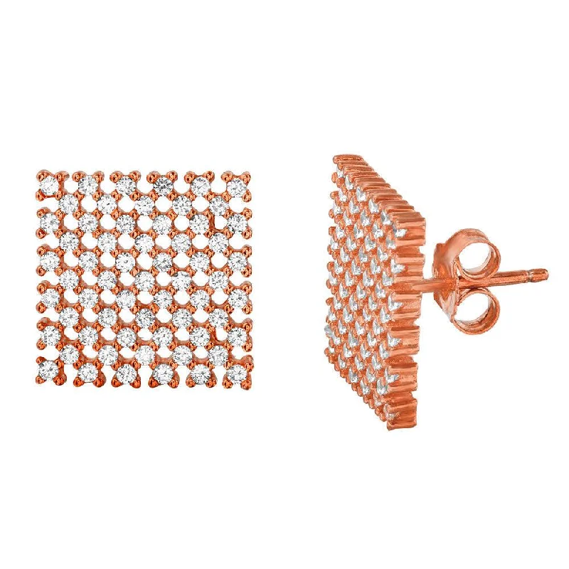 Silver 925 Rose Gold Plated Large Checkered CZ Stud Earrings - ACE00080RGP