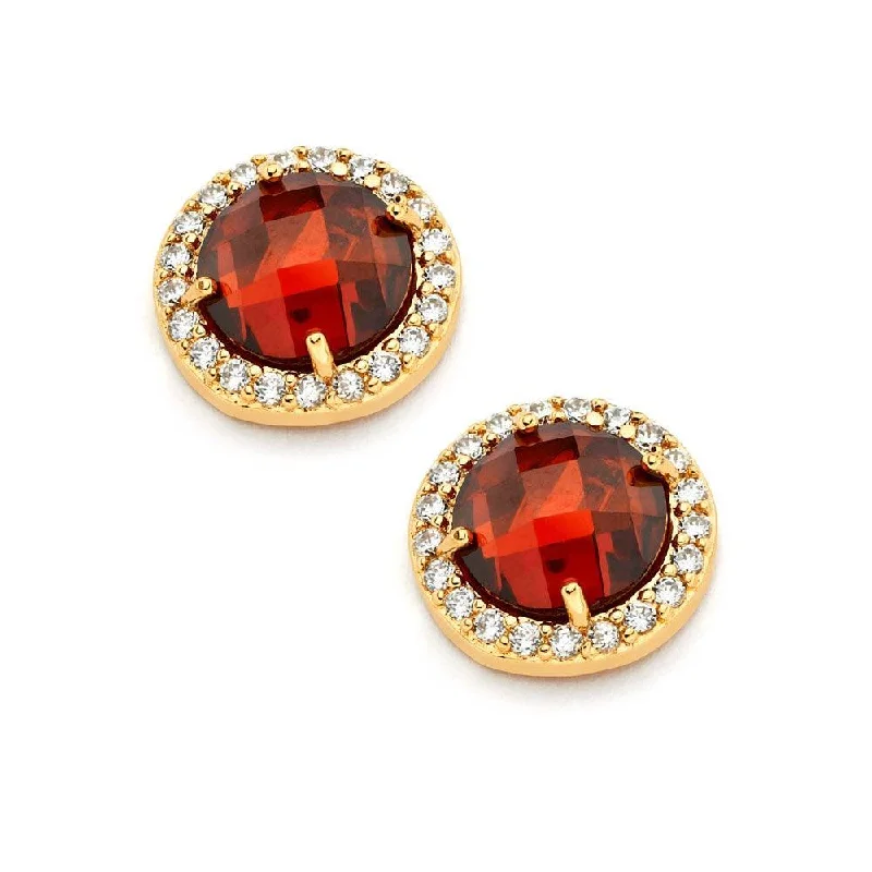 Silver 925 Gold Plated Red Center Clear Outline CZ Stud Earrings - BGE00360R