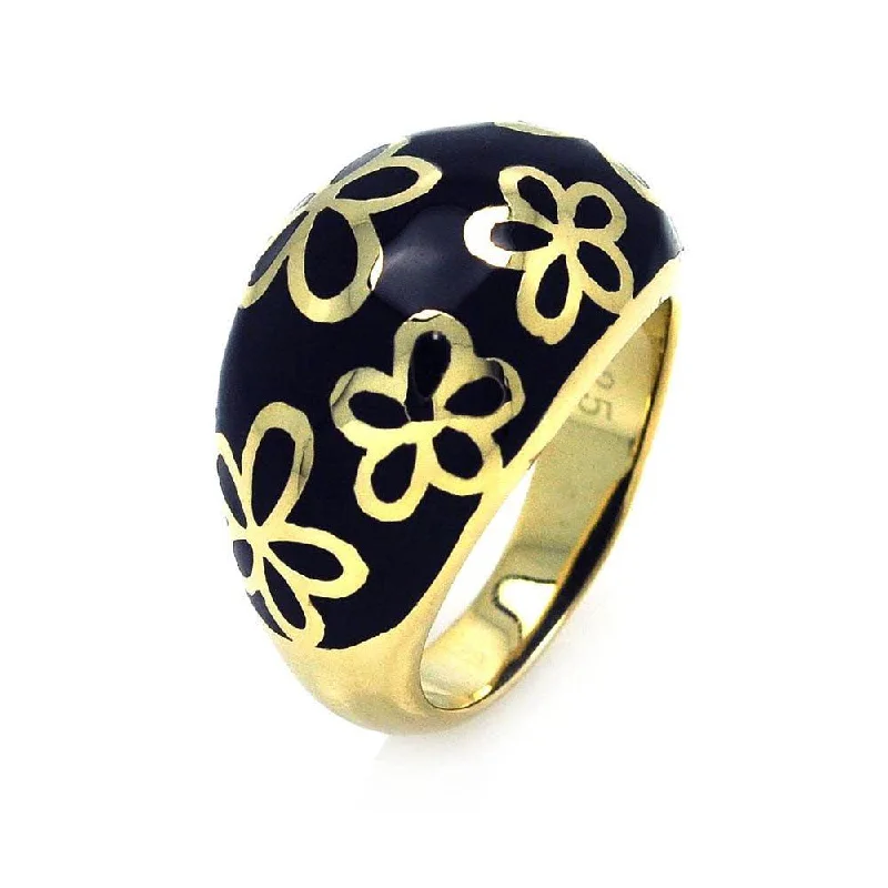 Clearance-Silver 925 Gold Plated Black Enamel Flower Dome Ring - STR00663