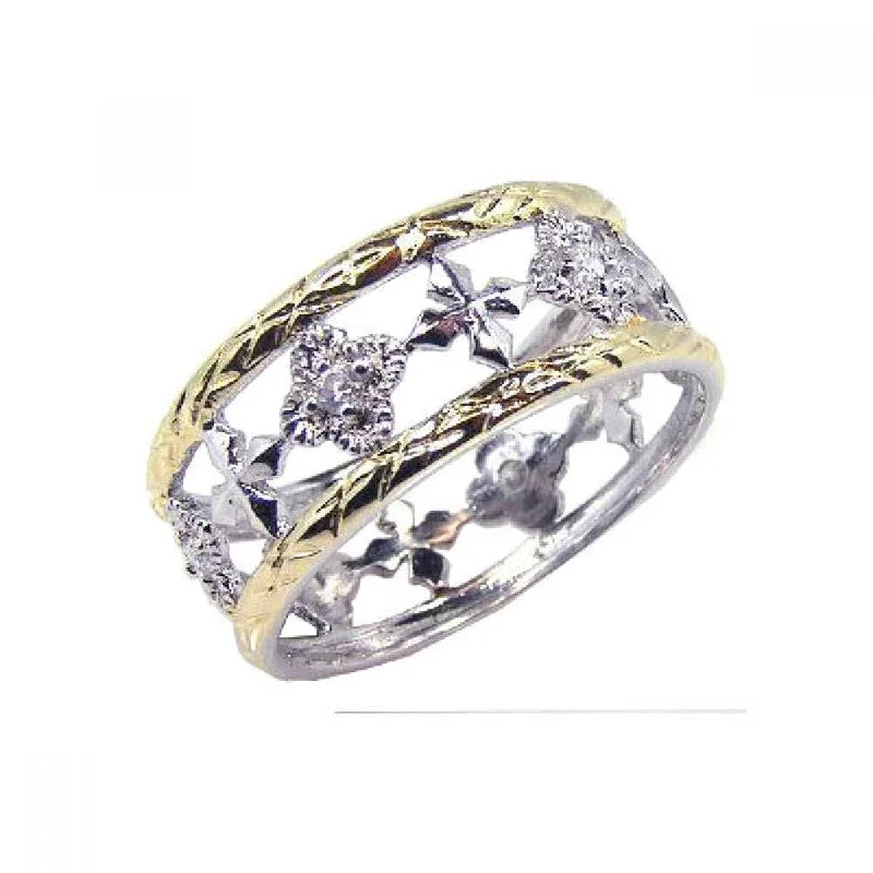 Clearance-Silver 925 Rhodium and Gold Plated Border CZ Flower Cross Ring - STR00331