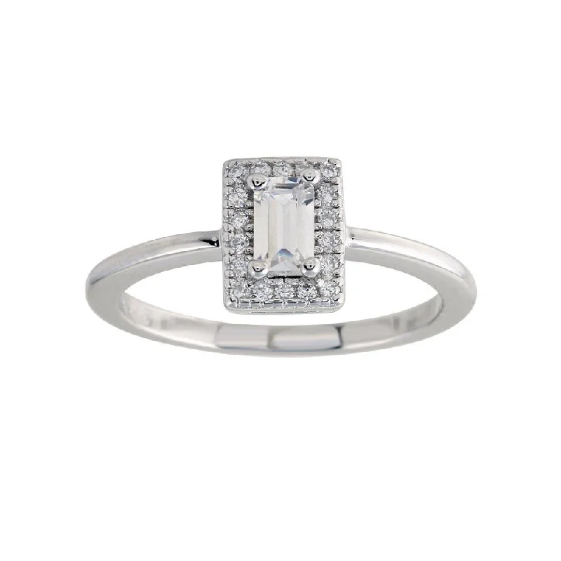 Rhodium Plated 925 Sterling Silver Baguette Stone Halo CZ Ring - BGR01275