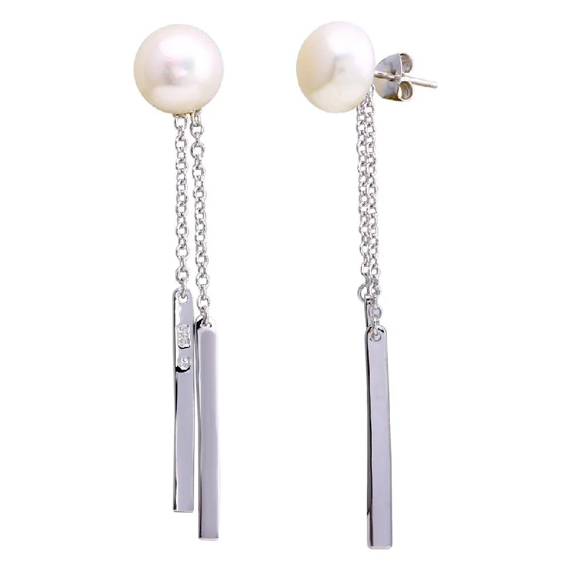 Rhodium Plated 925 Sterling Silver Fresh Water Pearl Bar Dangling Earrings - BGE00625