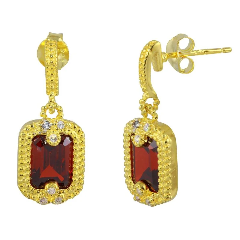 Gold Plated 925 Sterling Silver Red Rectangle Dangling Earring - BGE00561RED