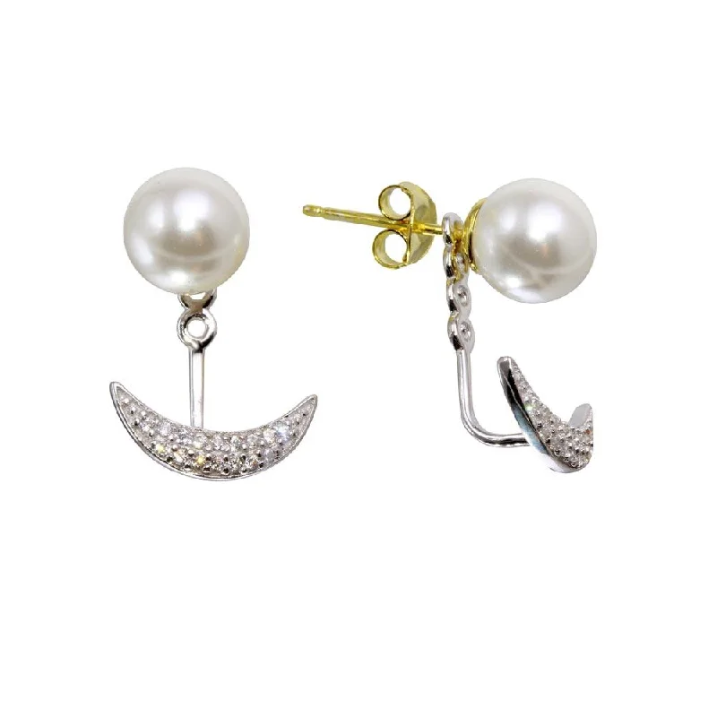 Rhodium Plated 925 Sterling Silver Synthetic Pearl and Crescent Front and Back Earrings with CZ - BGE00575