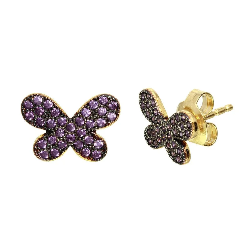 Gold Plated 925 Sterling Silver Butterfly Studs Earrings with Purple CZ Stones - GME00097GB