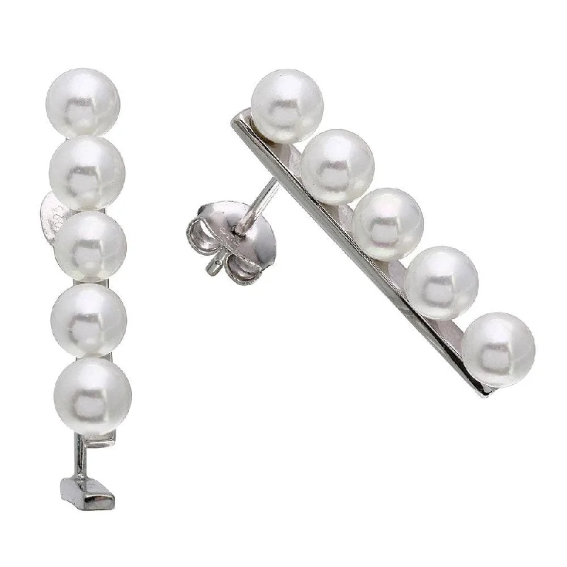 Rhodium Plated 925 Sterling Silver Bar with Synthetic Pearls Earrings - STE01084