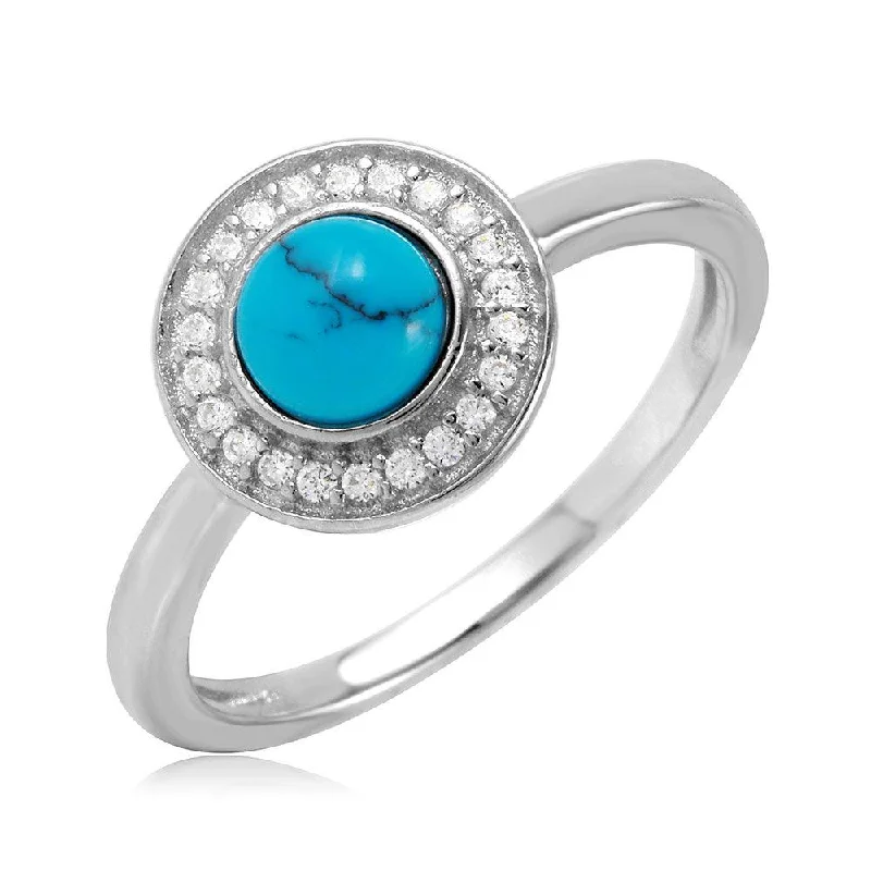 Silver 925 Rhodium Plated Turquoise Center Halo CZ Ring - BGR01076