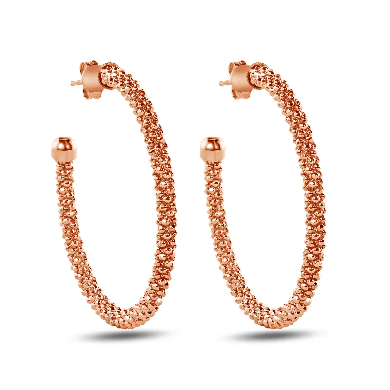 Clearance- Sterling Rose Gold Plated 925 Sterling Silver Beaded Semi Hoop Earrings - ITE00045RGP