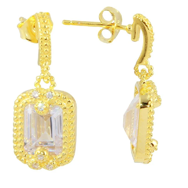 Gold Plated 925 Sterling Silver Clear Rectangle Dangling Earrings - BGE00561CLR