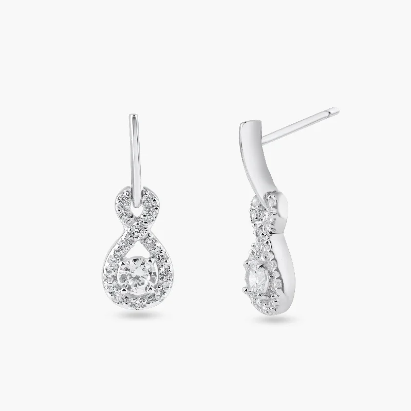 Silver 925 Rhodium Plated Ribbon CZ Dangling Stud Earrings - BGE00222