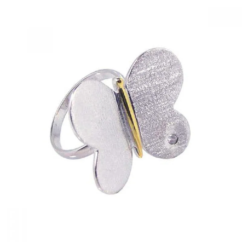 Clearance-Silver 925 Rhodium and Gold Plated CZ Butterfly Ring - STR00382