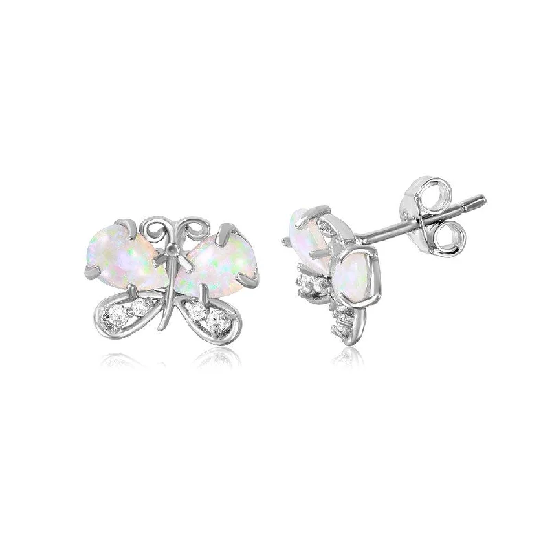 Silver 925 Rhodium Plated Butterfly CZ And Synthetic Opal Stud Earrings - STE01037