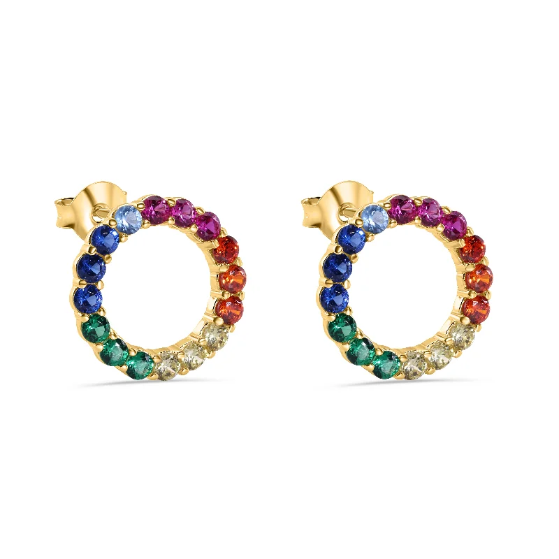 Gold Plated 925 Sterling Silver Rainbow Open Circle Stud Earrings - BGE00605GP