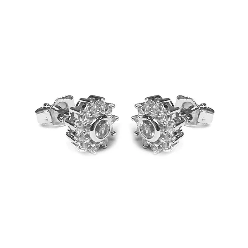 Silver 925 Rhodium Plated Micro Pave Clear Flower CZ Stud Post Earrings - ACE00022