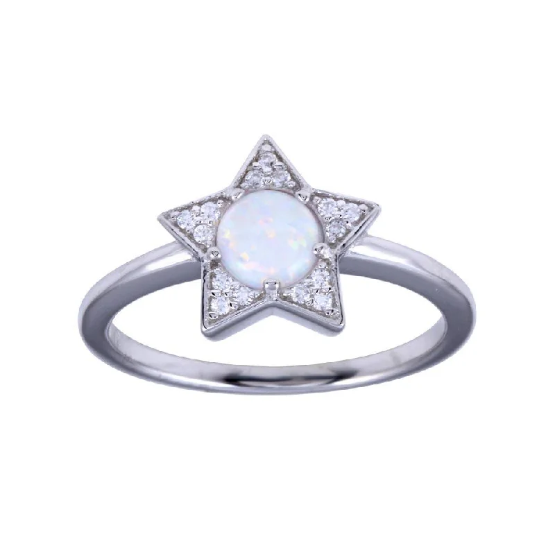 Rhodium Plated 925 Sterling Silver Opal Stone Star With CZ Ring - BGR01316