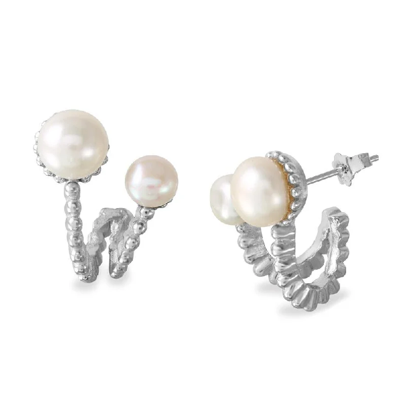 Rhodium Plated 925 Sterling Silver 2 Folded Fresh Water Pearl Earrings - BGE00536