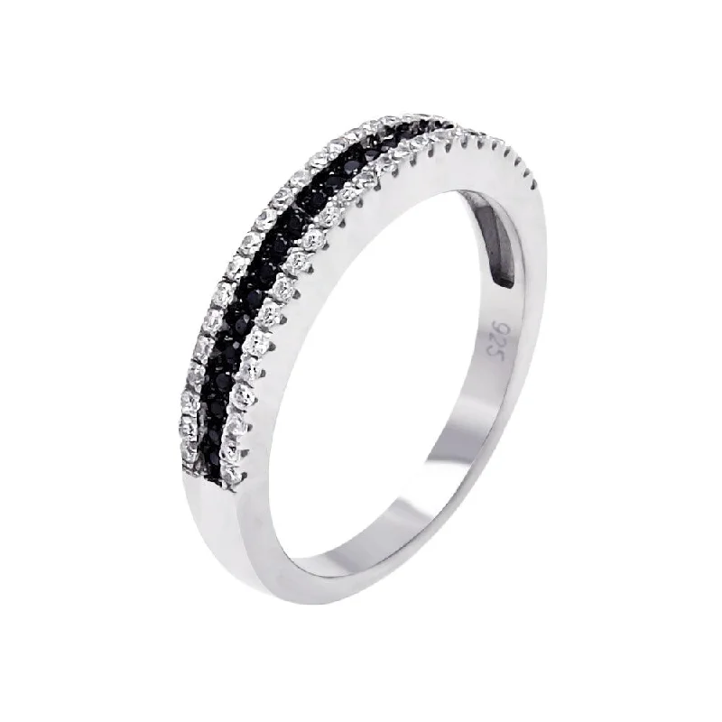 Silver 925 Rhodium and Black Rhodium Plated Half Micro Pave Black and Clear CZ Ring - ACR00059