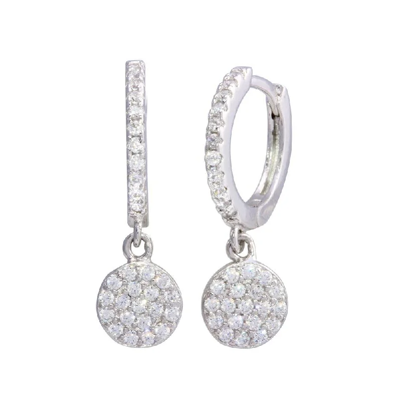 Rhodium Plated 925 Sterling Silver Dangling CZ Disc huggie hoop Earrings - STE01212