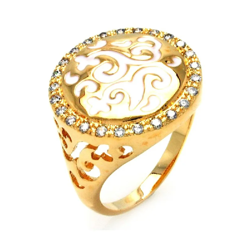 Clearance-Silver 925 Gold Plated White Enamel Clear CZ Ornate Design Ring - BGR00297