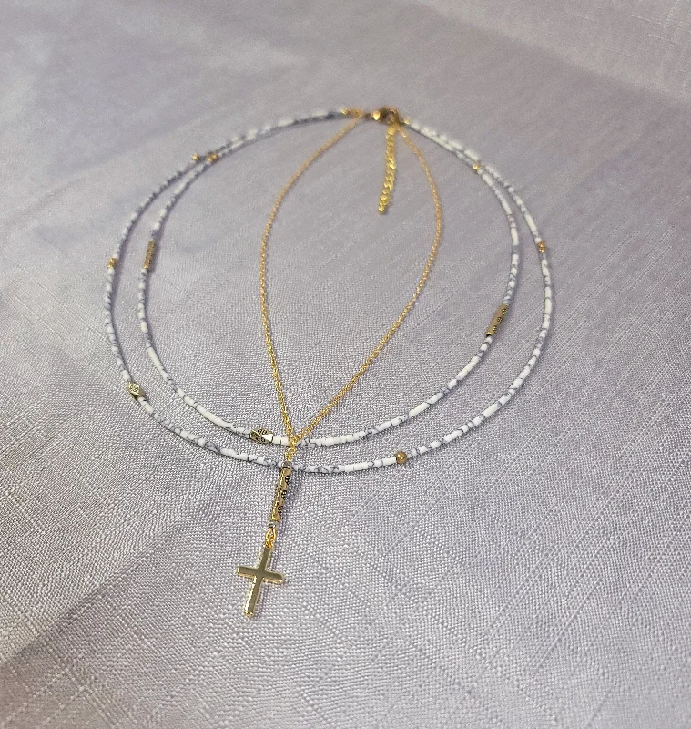 White Rondelle Cross Necklace