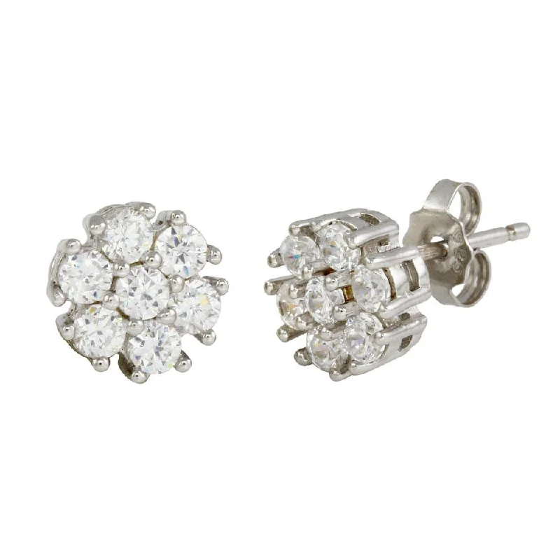 Rhodium Plated 925 Sterling Silver CZ Flower Stud Earrings - STE01086