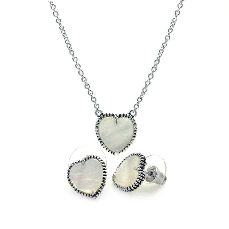 Silver 925 Rhodium Plated Mother of Pearl Heart Stud Earring and Necklace Set - BGS00113