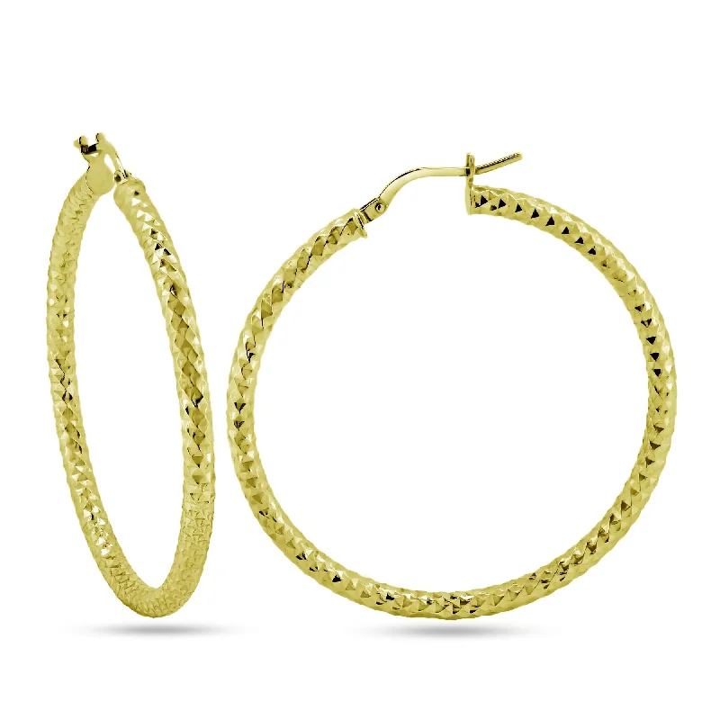 Gold Plated 925 Sterling Silver Silver 3mm Diamond Cut Textured Hoop Earrings - ARE00037GP