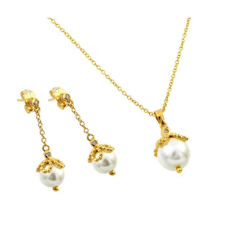 Silver 925 Gold Plated Pearl Drop Clear CZ Dangling Stud Earring and Necklace Set - BGS00414