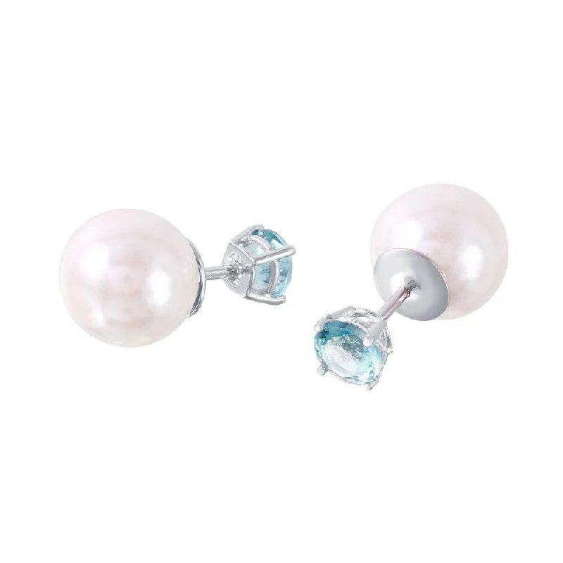 Silver 925 Rhodium Plated Faux Pearl Light Blue CZ Front and Back Earrings - STE00984MAR