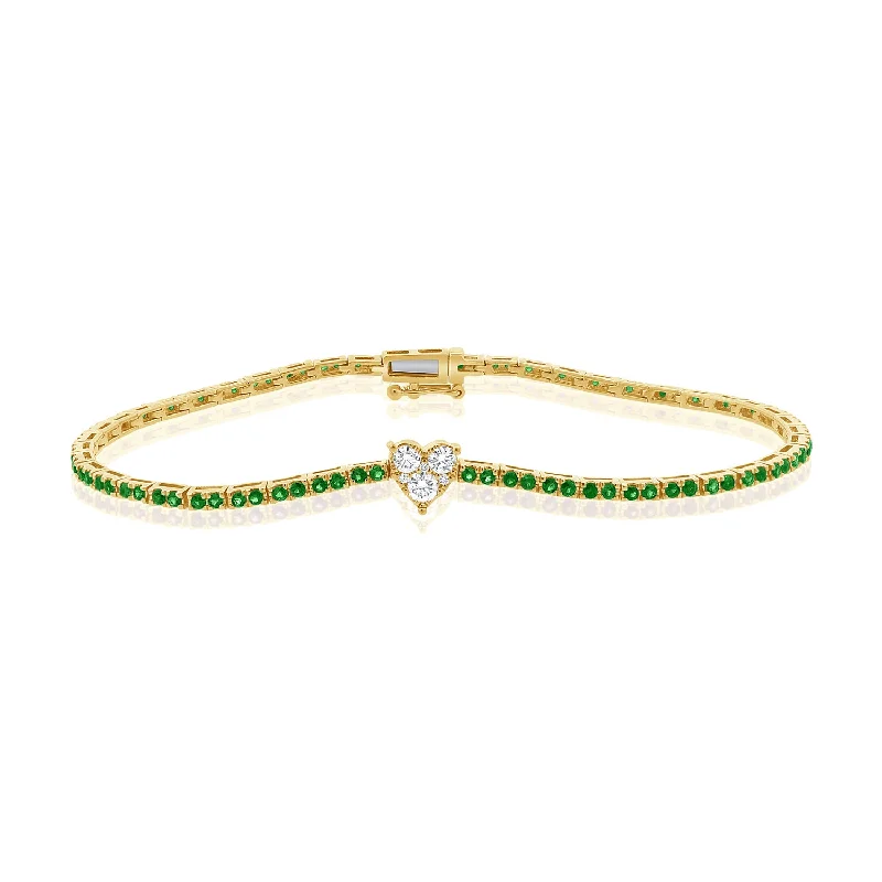 Enchanting 14K Gold Tsavorite and Diamond Heart Tennis Bracelet