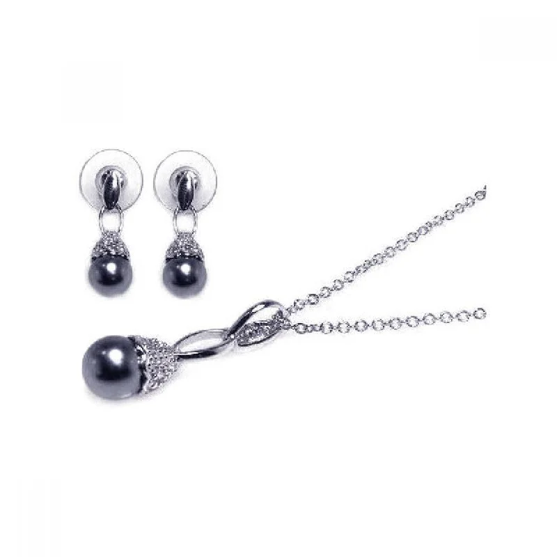 Silver 925 Rhodium Plated Black Pearl Clear CZ Dangling Stud Earring and Dangling Necklace Set - BGS00001