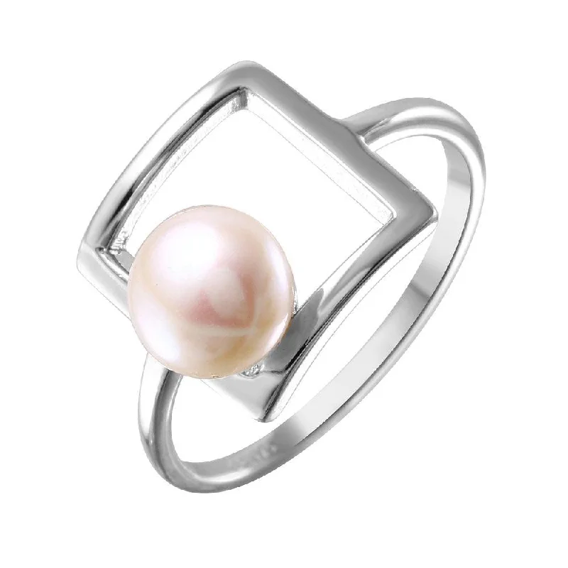 Silver 925 Rhodium Plated Open Square Synthetic Pearl Ring - STR01038