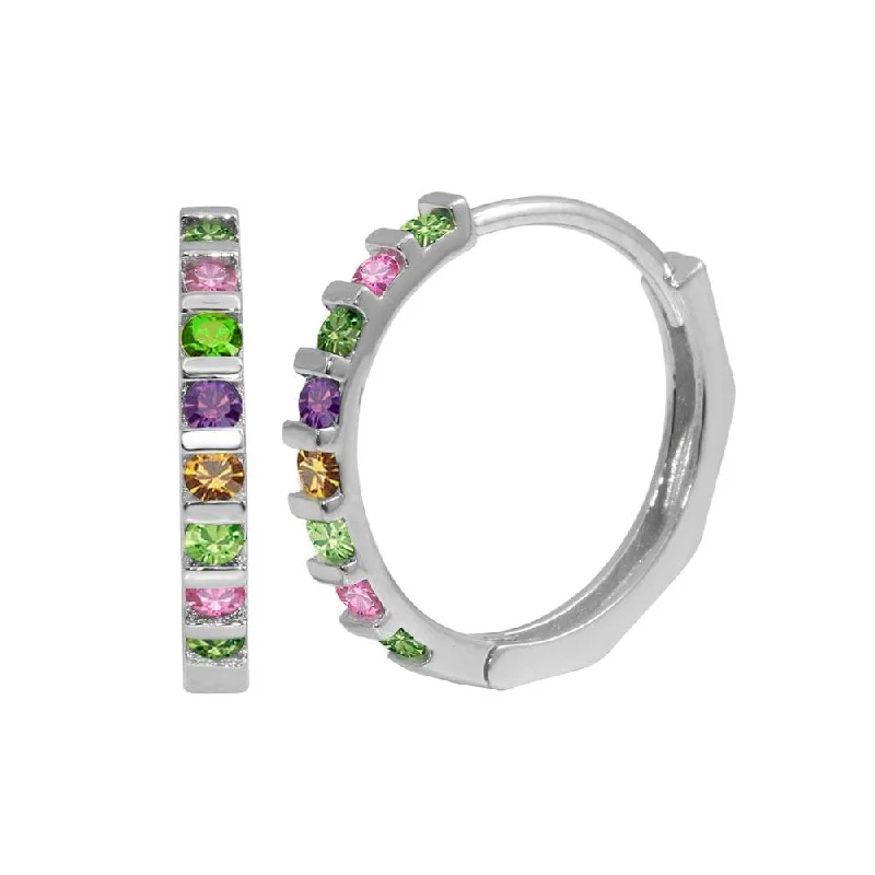 Rhodium Plated 925 Sterling Silver Multi-Colored CZ huggie hoop Earrings - GME00063RBC