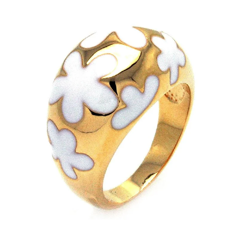 Clearance-Silver 925 Gold Plated White Enamel Flower Dome Ring - BGR00298