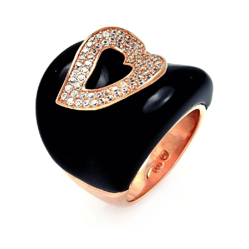 Clearance-Silver 925 Gold Plated Black Onyx Clear CZ Heart Ring - BGR00327