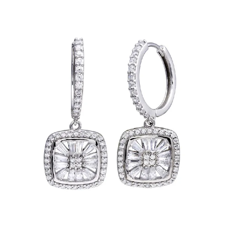 Rhodium Plated 925 Sterling Silver CZ Hoop Dangling Halo Square Earring - STE01319