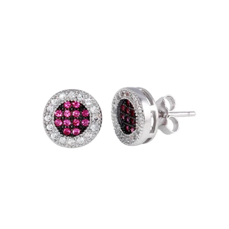 Rhodium Plated 925 Sterling Silver Clear and Red CZ Halo Stud Earrings - BGE00631RED