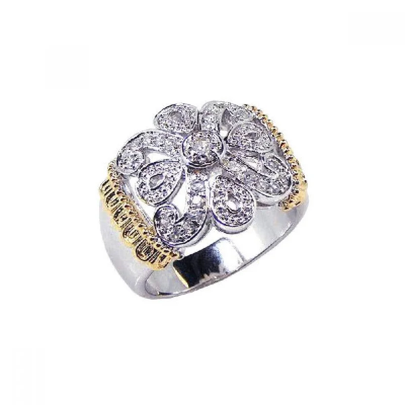 Clearance-Silver 925 Rhodium and Gold Plated CZ Flower Ring - STR00343