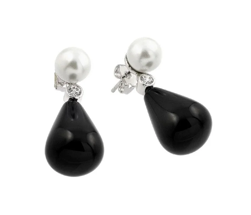 Silver 925 Rhodium Plated Black Synthetic Pearl Small Round CZ Stud Earrings - BGE00346