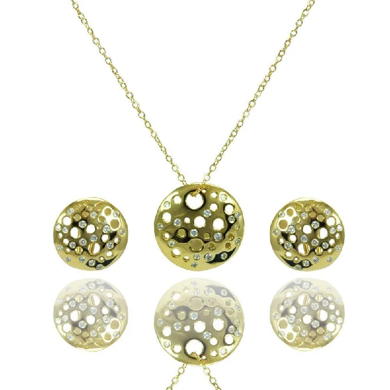 Silver 925 Gold Plated Clear Round Disc CZ Stud Earring and Necklace Set - BGS00385