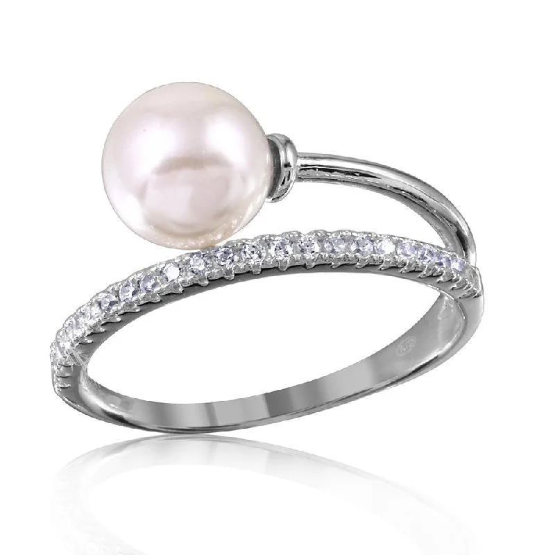 Silver 925 Rhodium Plated Overlap CZ and Synthetic Pearl Ring - GMR00130